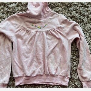 Vintage Sears pink velour turtleneck with floral embroidery girls 10